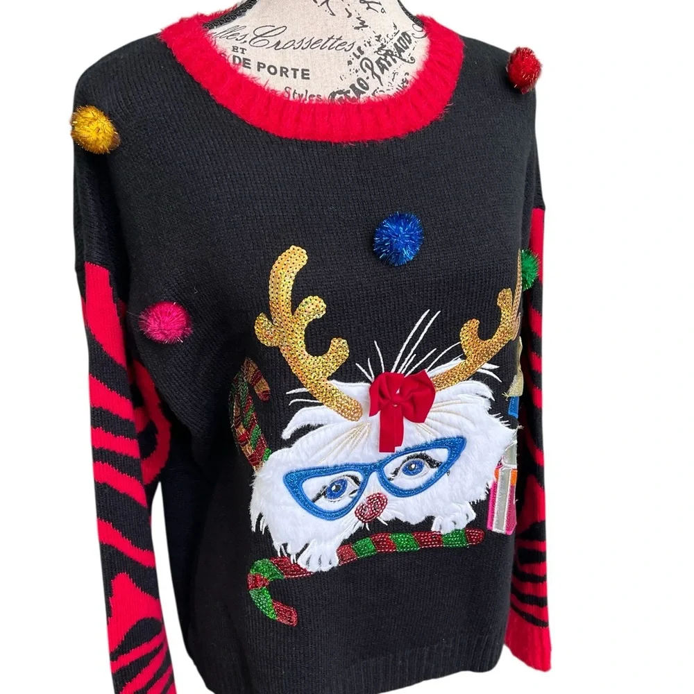 Festive Cat Black and Red Christmas Sweater